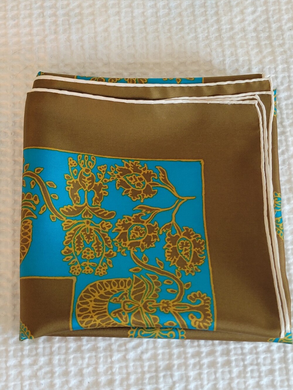 Vintage Silk Scarf in Olive Green and Turquoise,hand Rolled Edges,31X31 Inches. - Picture 9 of 9